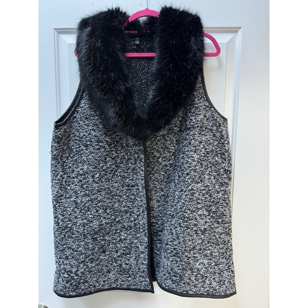 Talbots Woman 1X Wool Blend‎ Vest Black White Faux Fur Collar Leather Trim Tweed